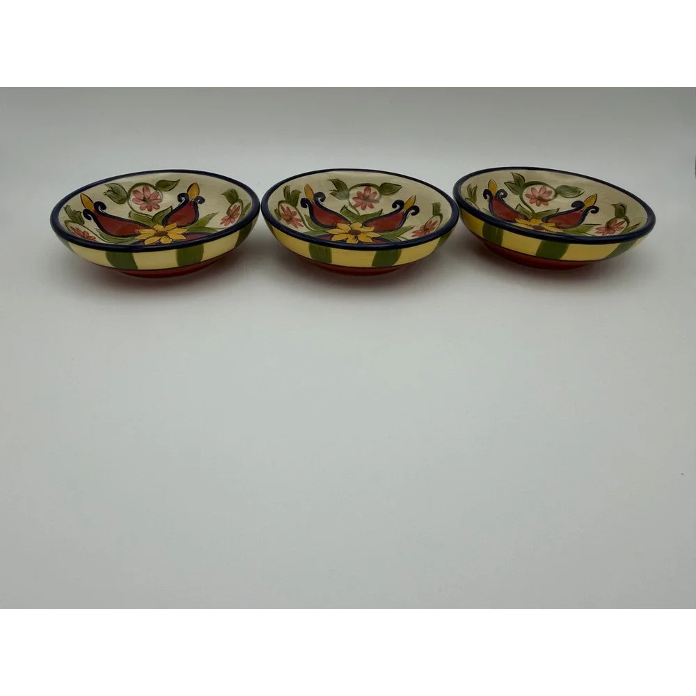 Pier 1 Vallarta Dipping Bowls Set of 3 Hand Painted Earthenware Floral Striped